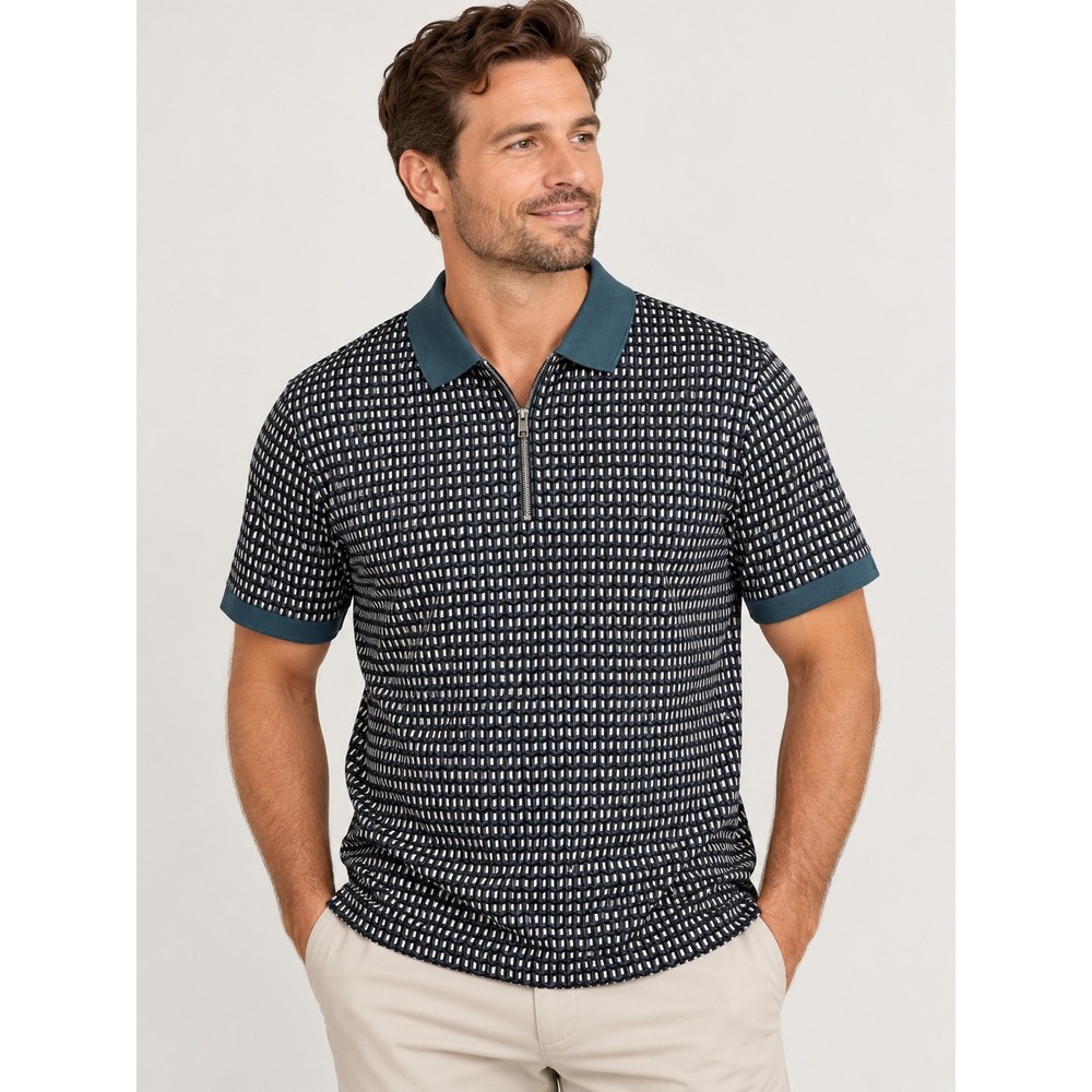 Autograph Supima Cotton Geometric Quarter Zip Polo Shirt Petrol Mix Large New